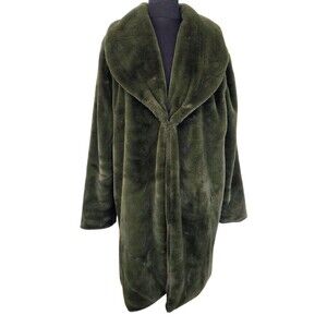 Leith Plush Faux Fur Shawl Collar Coat Relaxed Olive Green Boho Women's XL